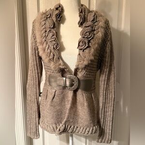 Women's Belted Sweater with Floral Accents and Faux Fur Trim